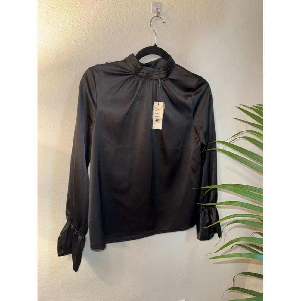 Elegant Black Satin Mock-Neck Blouse with Tied Cuffs - Women Tops